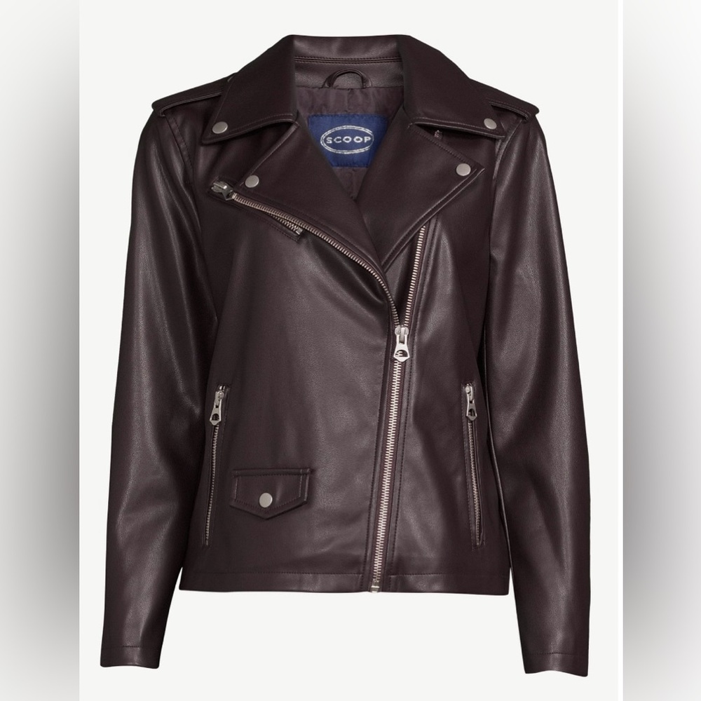 Scoop Neck Faux Leather Moto Jacket